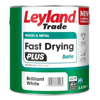 Image of Leyland Trade Wood &amp; Metal Fast Drying Plus Satin Brilliant White Enhanced Durability Excellent Flow Professional Finish 2.5L