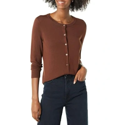 Image of Amazon Essentials Women&#039;s Lightweight Crewneck Cardigan Jumper (Available in Plus Size), Brown, XL