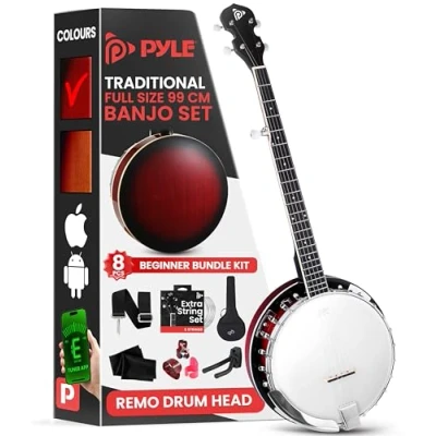 Image of Pyle Banjo Kit with Remo Head and Sapele Resonator, 39&quot; Full Size Traditional Open or Closed Back 5 String Instrument 24 Brackets, Geared 5th Tuner, Premium Accessory (Red Burst)
