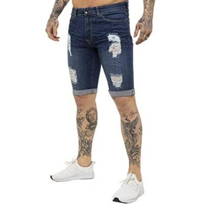 Image of Enzo EZS383 Jeans Mens Denim Shorts Skinny Fit Distressed Stonewash Ripped Half Pants Mid Blue 36