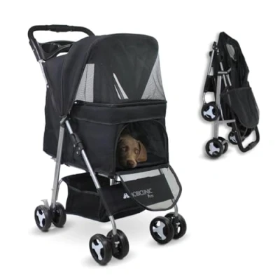 Image of Mobiclinic® Pets Foldable Dog Pram, Up to 15 kg, Ideal for Small Dogs, Pet Stroller, Zuma, Wheels with 360 Brakes, XXL Basket, 3 Windows Zip and Mosquito Net, Cup Holder (Black)