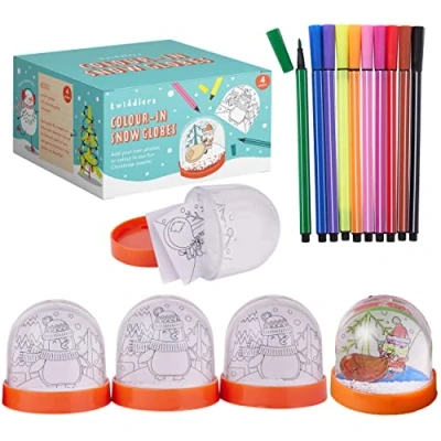 Image of THE TWIDDLERS 4 DIY Christmas Snowglobes, Craft Set for Kids with Pens, Xmas Kit Stocking Fillers, Activity, Personalised Snow Globe Make Your Own 9cm
