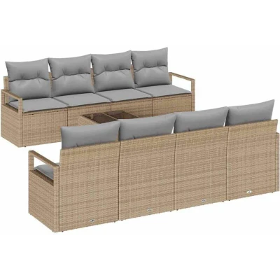 Image of vidaXL 9 Piece Garden Sofa Set with Cushions in Beige Poly Rattan