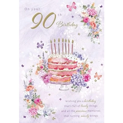 Image of Noel Tatt Womens 90th Milestone Birthday Card Age 90 Floral Celebration Cake and Butterflies Eco Friendly Recyclable
