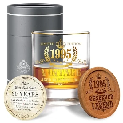 Image of CROWNLY CRYSTAL® 1995 30th Birthday Gifts for Men Personalised Decorations Whiskey Glass Him Mens Card Gift Ideas Presents