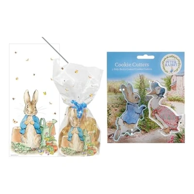 Image of Anniversary House Peter Rabbit Cookie Cutters, 20 Individual Treat Bags, Sweet Party Gift Bags With Twist Ties, Poly Resin Biscuit Cutters and BOPP Clear AMZ018