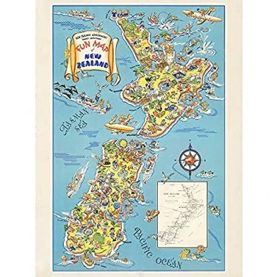 Image of Artery8 1938 Pictorial Map Fun Of New Zealand Unframed Wall Art Print Poster Home Decor Premium