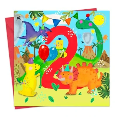 Image of Twizler 2nd Birthday Card for Boys Dinosaurs Age 2 Happy Second Boy Son Year Old Childrens Grandson Two
