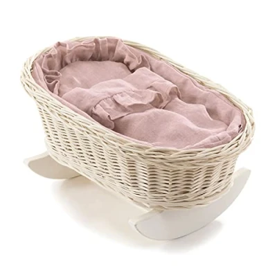 Image of e wicker24 Whitewashed Wicker Dolls Cot Vintage Cradle Doll Bed Handmade for Baby Crib Retro Style Pink Bedding Wooden rocking bassinet toy