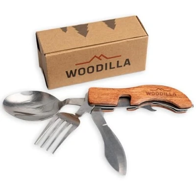 Image of Outdoor Camping Cutlery by Woodilla Folding Cutlery, Made of Stainless Steel &amp; Wood, Knife, Fork, Spoon, Bottle Opener, 4 Piece Set