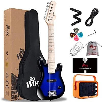Image of Winzz 30 Inch Kids Electric Guitar Beginner Kit, Junior 1/4 Size Mini for Children with Amplifier, Beautiful Chritsmas Gifts Glossy Blue