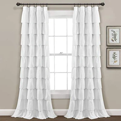Image of Lush Decor Ruffle Window Curtain Vintage Chic Farmhouse Style Panel for Living, Dining Room, Bedroom (Single), 50W x 84&quot; L, White