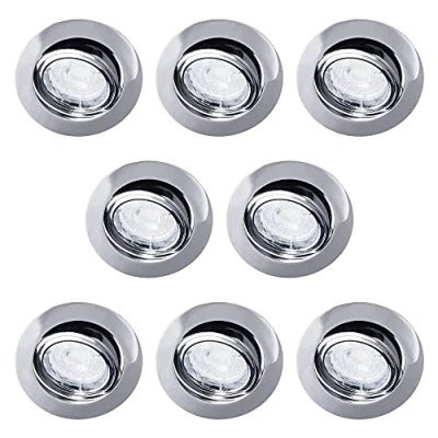 Image of LITECRAFT Recessed Downlight Tiltable Diecast GU10 Spotlight with LED Bulbs in Polished Chrome 8 Pack