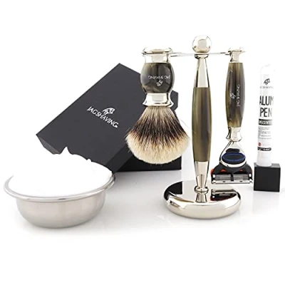 Image of Jag Shaving Kit 5 Piece Set Jag&#039;s Lee Range Edge Blade Razor Silvertip Badger Brush Elegant Stand Green Horn Imitation