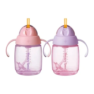 Image of Tommee Tippee Trainer Straw Cup, 240ml, Easy Transition Toddler Cup for 6 Months+, with Silicone Weighted and Hold Handles, Pink Purple, 2 Pack