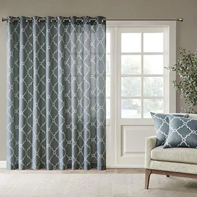 Image of Madison Park Single Window Curtain Light Filtering Fretwork Print 1 Panel Grommet Top Drape/Valance for Living Room Bedroom and Dorm, Polyester Blend, Blue, 100 x 84 in