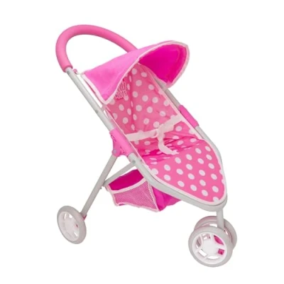 Image of Dolly Tots Jogger Dolls Pram Buggy Baby Doll Pushchair Childrens Stroller Toy Easy Fold Role Play Adjustable Hood, Swivel Wheels, Under Seat Storage 3+
