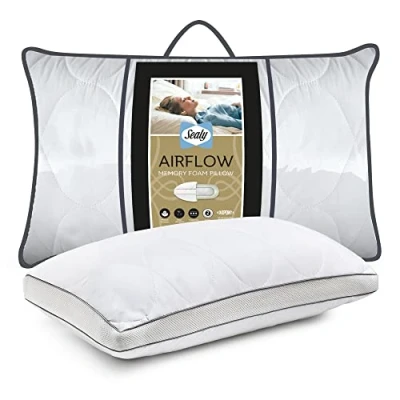 Image of Sealy Airflow Memory Foam Pillow Ventilated Bed for Cool Sleep with Dupont Fibres and Cotton Quilted Cover Medium Firmness Ideal Side Back Sleepers White 551212GE