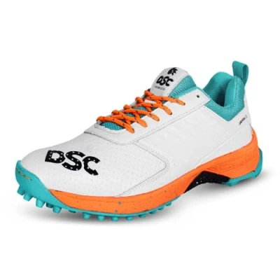 Image of DSC Jaffa 22 Cricket Shoes White/Orange for Boys and Men Lightweight Embossed Design 8 UK, 9 US, 42 EU