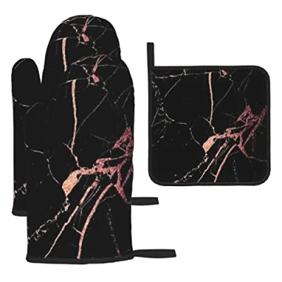 Image of Black Rose Gold Marble 3 Piece Oven Mitt And Pan Rack Set, Heat Resistant Sturdy, Suitable For Kitchen, Cooking, Baking, Roasting More.