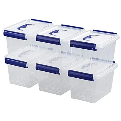 Image of Waikhomes Set of 6 Plastic Clear Storage Boxes, L Latch Box with Lids (Blue handle)