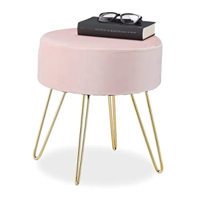 Image of Relaxdays Velvet Stool, Round Seat, Elegant Upholstered Pouf, Golden Metal Legs, Modern &amp; Glamorous, HxØ: 40x40 cm, Pink, Fibreboard