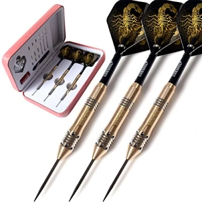 Image of CUESOUL 22 Grams Steel Tip Dart Set with Pink Deluxe PU Darts Case Black Scorpion Lady
