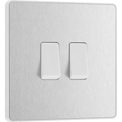 Image of BG Electrical Double Wall Light Switch, 2 Way, Screwless Front Plate, Round Edges, Evolve, Brushed Steel, 20A, 16AX, PCDBS42W