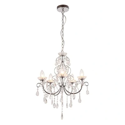 Image of National Lighting Isabelle Modern 5 Way Silver Chrome Bathroom Ceiling Pendant Light Chandelier with Clear Crystal Glass Droplets IP44 Rated