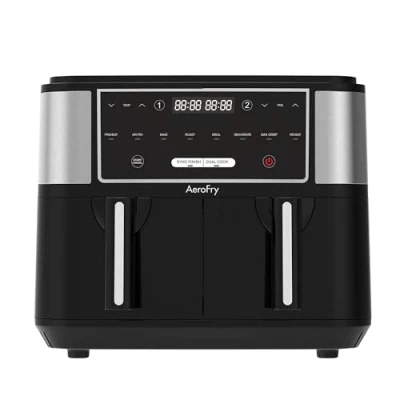 Image of AeroFry Air fryer 9 Litres, DUAL ZONE Digital Airfryer,Uses No Oil, Max Crisp, Roast, Bake, Reheat, Dehydrate, Cook 8 Portions, Non Stick Dishwasher Safe Baskets, 2 Years Warranty !!!