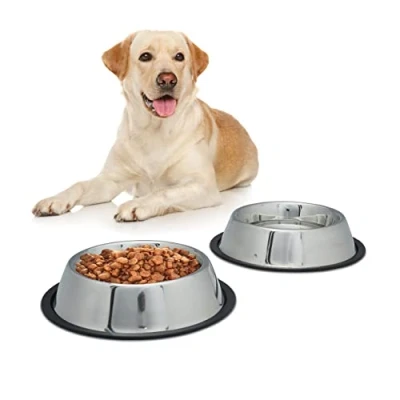 Image of Relaxdays Dog Feeding Bowl Set of 2, Water Dish, Station, Non Slip. Stainless Steel, Size L, 0.75 Silver