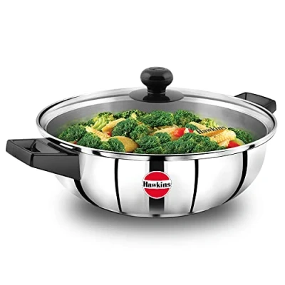 Image of Hawkins 3 Litre Cook n Serve Frying Pan, Stainless Steel Fry Pan with Glass Lid, Induction Frypan for Cooking and Serving, Silver (SSF3LG)