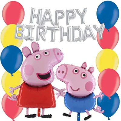 Image of Peppa &amp; George Balloon Pack Contains 16&quot; Silver Happy Birthday Banner, 37&quot; Pig Foil 30 12&quot; Latex in Red, Blue Yellow