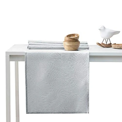 Image of AmeliaHome Gaia Table Runner 40 x 140 cm Lotus Effect Water Repellent Leaves Silver