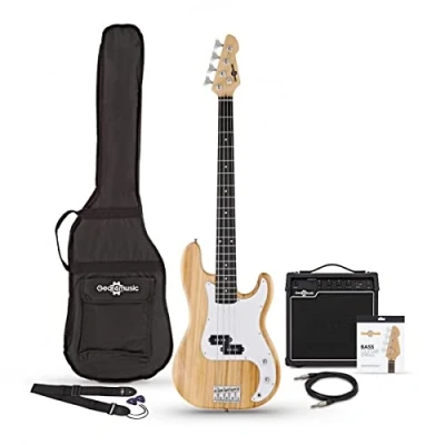 Image of Bass Guitar LA by Gear4music Natural with 15W Amp Gig Bag and Cable