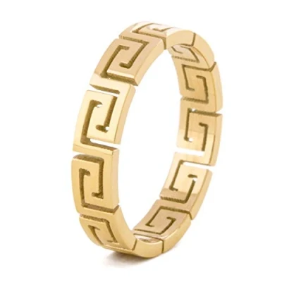 Image of Akitsune Argius Ring Greek Ornament Design Womens Mens Stainless Steel Filigree Meander Gold US 8