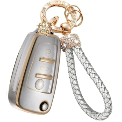 Image of RXXR Car Key Case Cover Compatible with Audi A1 S1 A3 S3 RS3 A4 S4 RS4 A6 S6 RS6 Q2 Q3 Q7 TT TTS R8 Flip Silver Remote Protector for 3 Button Fob Bling keychain