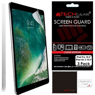 Image of TECHGEAR [Pack of 3] Screen Protectors for iPad Air 10.5&quot; (2019) Pro Clear Protector Guard Cover Compatible with Apple Air/Pro 10.5 inch Cloth &amp; Applicator Card