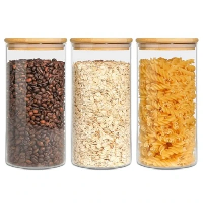Image of ComSaf Glass Storage Jars with Lids 900ML Set of 3 High Borosilicate Airtight Kitchen Food Canisters Cylinder Clear Preserving Seal Containers Lid for Canning Cereal,Pasta,Spices
