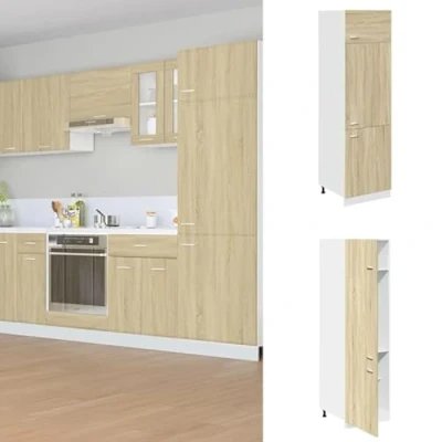 Image of vidaXL Refrigerator Cabinet Sonoma Oak Engineered Wood Kitchen Storage Unit 4 Shelves, 3 Doors 60 x 57 207 cm