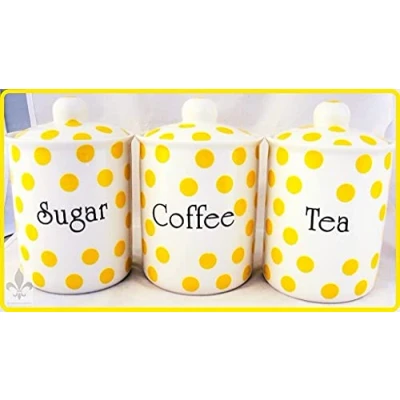Image of Yellow Spots Tea Coffee Sugar Canisters Fine Bone China Storage Jars Hand Decorated in UK