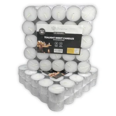 Image of 8 Hour Burn Time Unscented White Wax Tea Lights Pack of 50 for Garden, Hotel, Home, Wedding Decoration