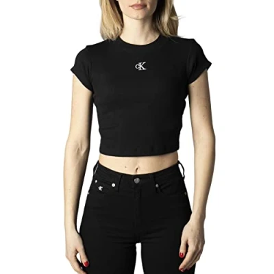Image of Calvin Klein Jeans Cropped SLIM TEE Basic Tshirt, Women&#039;s, Size: XXS, Black