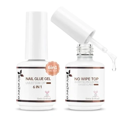 Image of Nicedeco Gel Nail Polish 6 in 1 Glue and No Wipe Top Coat Set, 2PCS 15ML for Adhesive Extension Art