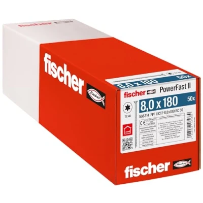 Image of fischer PowerFast II CTP 8.0 x 180, Powerful Countersunk Wood Screws with Internal Star Socket and Partial Thread, for Constructive Construction, Pack of 50