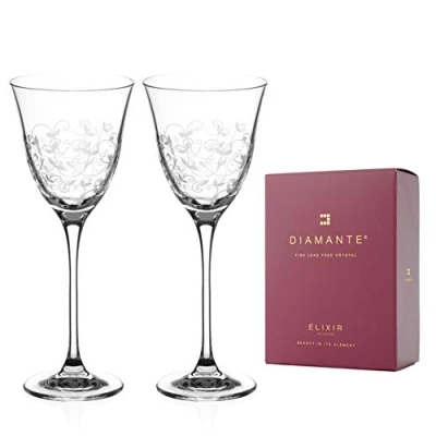 Image of DIAMANTE Red Wine Glasses Pair ‘Floral’ Collection Hand Etched Crystal Set of 2
