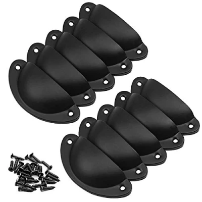 Image of 10 Pack Drawer Handles, Vintage Cabinet Iron Shell Pull Cupboard Door Cup Handles with Screws,Pull Knobs for Kitchen Cupboard,Wardrobe,Furniture,Dresser (Black)