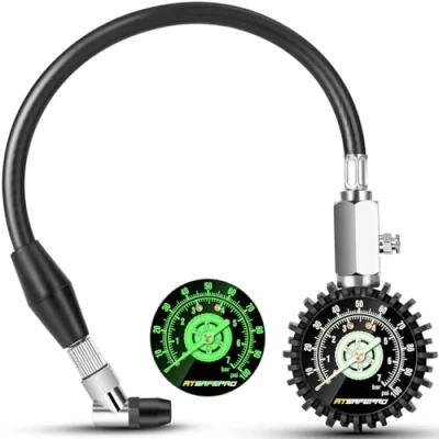 Image of Tyre Pressure Gauge UK 7 bar/100 psi Glow in the Dark, ATsafepro 2.5 Dial Mechanical with Flexible Hose, Analog Air for Cars, Trucks, Bicycles