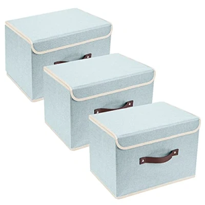 Image of TYEERS Collapsible Storage Box with Lid, Fabric for Clothes, Wardrobe Storage, 38x25x25 cm, Set of 3, Aqua Spring