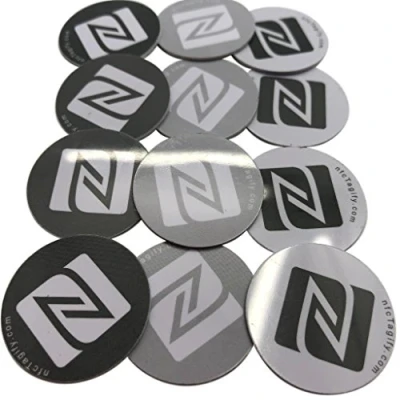 Image of 12 NFC Tags NXP Chip NTAG213 144 Bytes Memory Hard PVC and Strong 3M Glue 3 Colours Elegant &#039;N&#039; Logo Design High Scan Strength